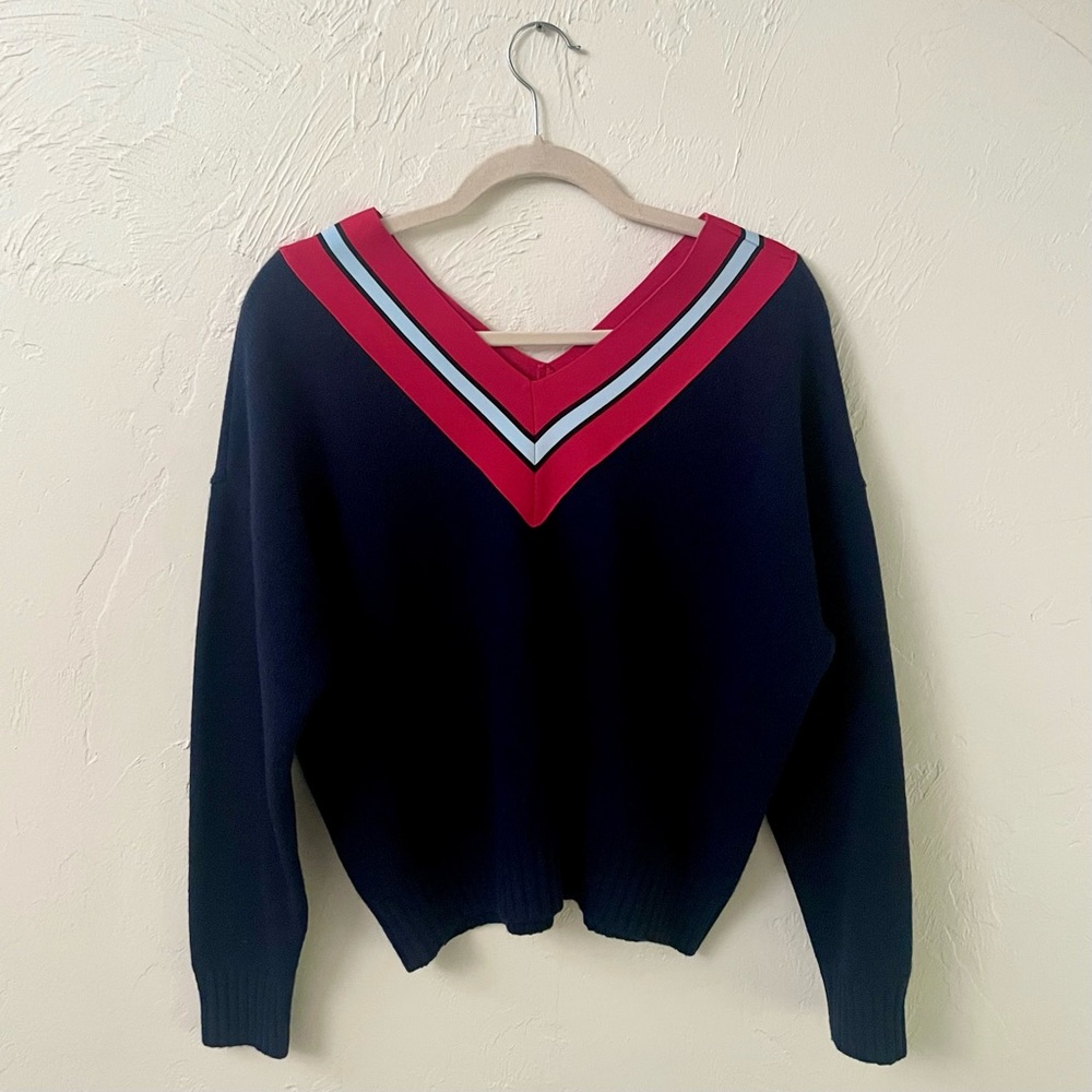 Sandro Varsity Two-Tone Navy Contrast Chevron Striped V-Neck Wool-Blend Sweater